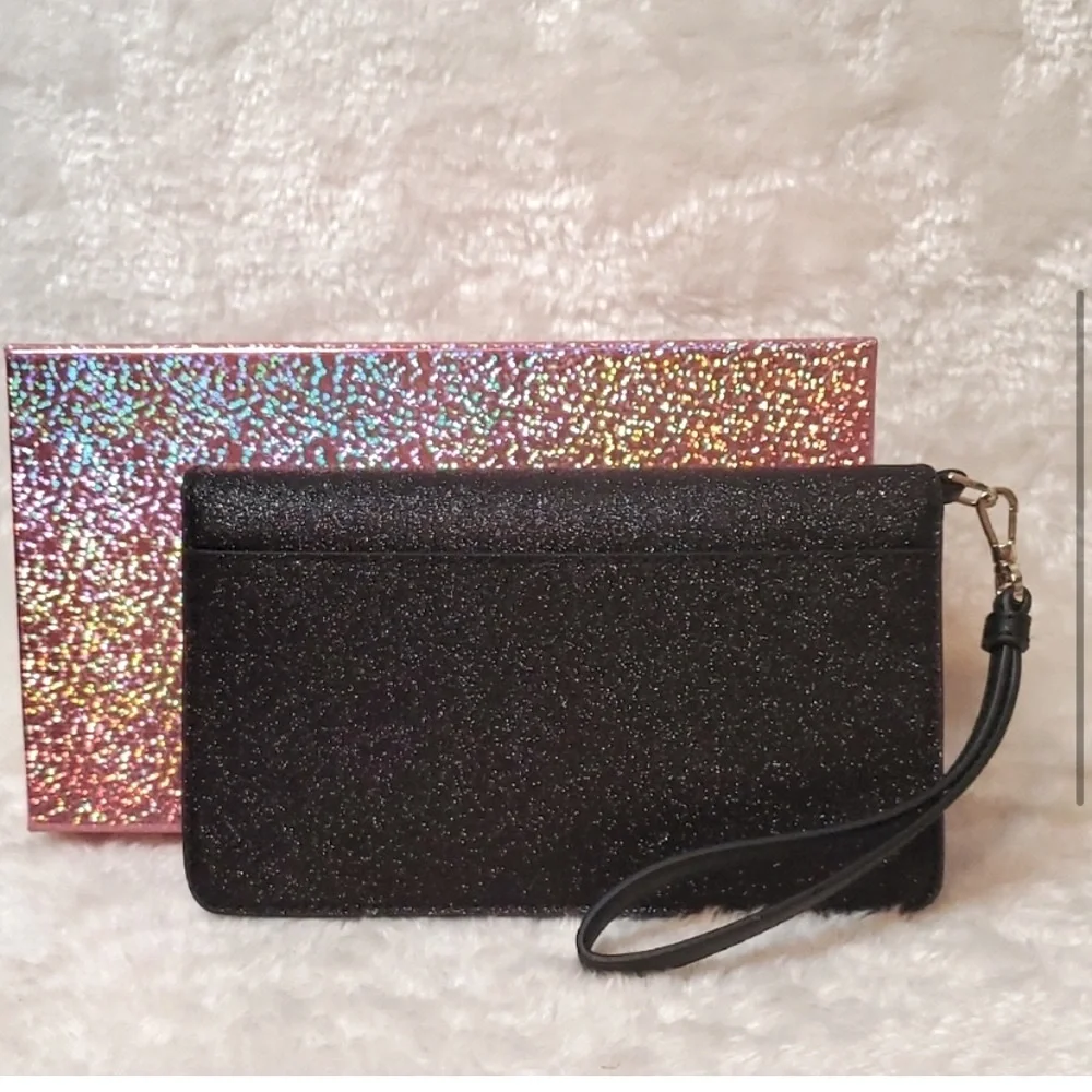 KATE SPADE NWT Joeley Multifunction Wristlet Wallet Black Sparkle Leather IN BOX